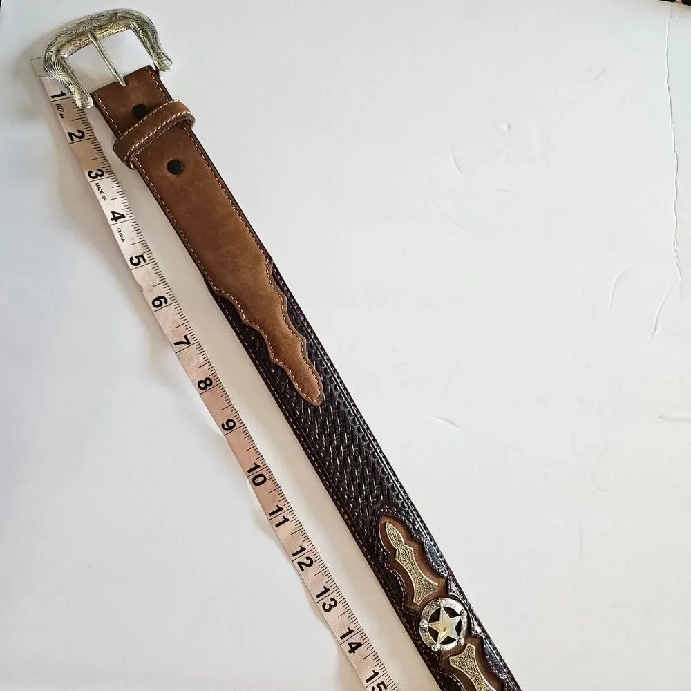 Justin Brown Odessa Star Leather Belt Men's 48‎ Vintage 90's Rodeo Western